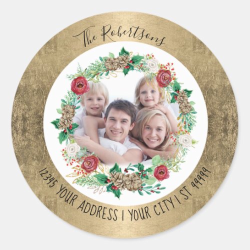 Merry Christmas Gold Foil Wreath Photo Address Classic Round Sticker