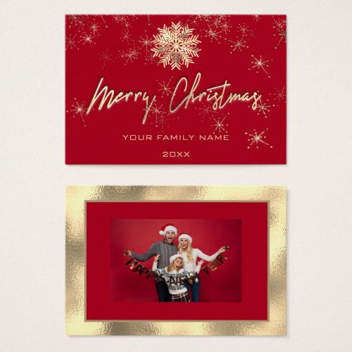 Merry Christmas Gold Frame Red Photo Snowflakes