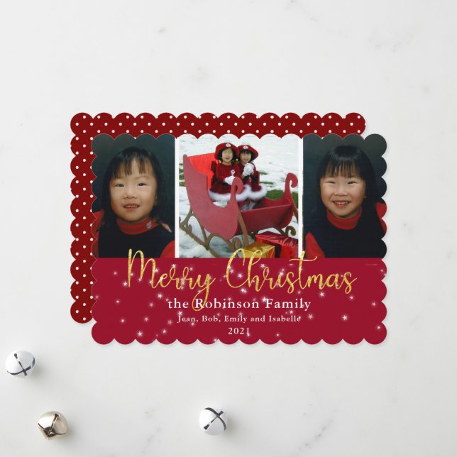 Merry Christmas Gold Glitter And Stars 3 Photo   Holiday Card (Front/Back In Situ)