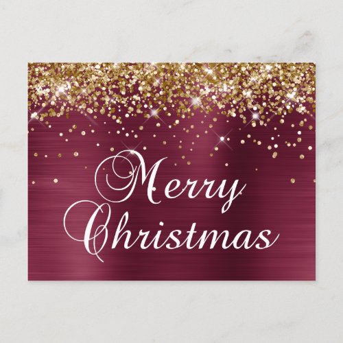 Merry Christmas Gold Glitter Burgundy Red Foil Holiday Postcard