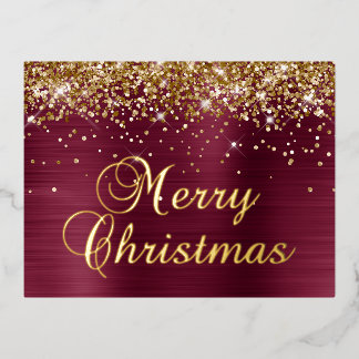 Merry Christmas Gold Glitter Burgundy Red Foil Holiday Postcard