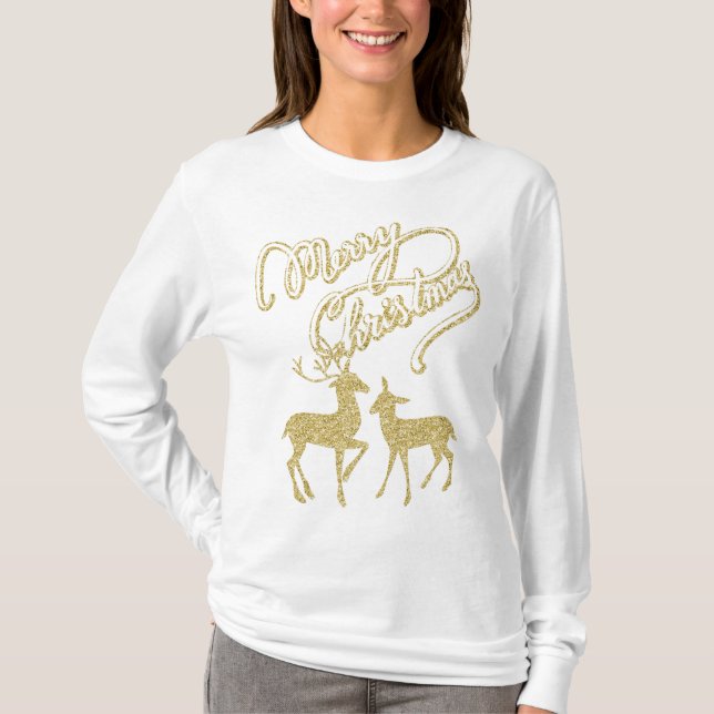 Merry Christmas gold glitter Christmas deer T-Shirt (Front)