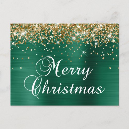 Merry Christmas Gold Glitter Hunter Green Foil Holiday Postcard