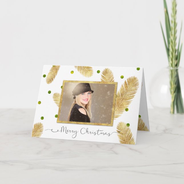 Merry Christmas Gold Glitter Photo Greeting Card (Front)