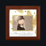Merry Christmas Gold Glitter Photo - Tile Gift Box<br><div class="desc">A modern and trendy Christmas Holiday illustration with gold fir branches and green glitter dots on the background with lovely Typography Script letters "Merry Christmas". Easily to change the sample photo with your own one.</div>