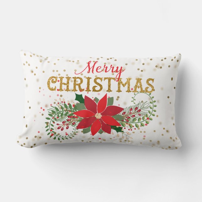 Merry Christmas Gold Glitter Poinsettia Lumbar Pillow (Front)