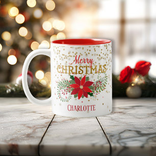 Merry Christmas Gold Glitter Poinsettia Two-Tone Coffee Mug