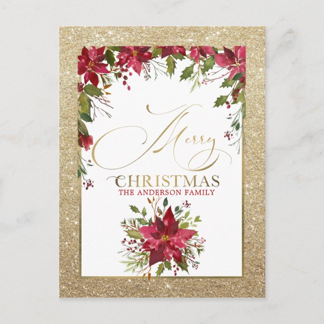 Merry Christmas Gold Glitter Red Poinsettia Holiday Postcard (Front)