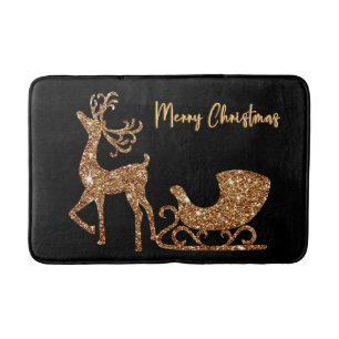 Merry Christmas Gold Glitter Reindeer & Sleigh Bath Mat