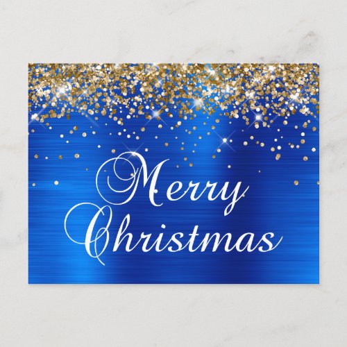 Merry Christmas Gold Glitter Royal Blue Foil Holiday Postcard