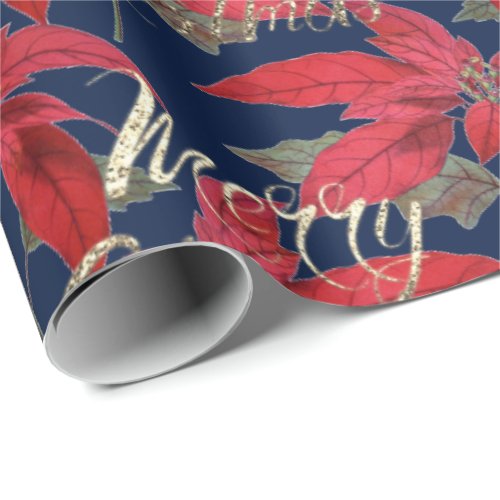 Merry Christmas Gold Glitter Script Floral Navy Wrapping Paper