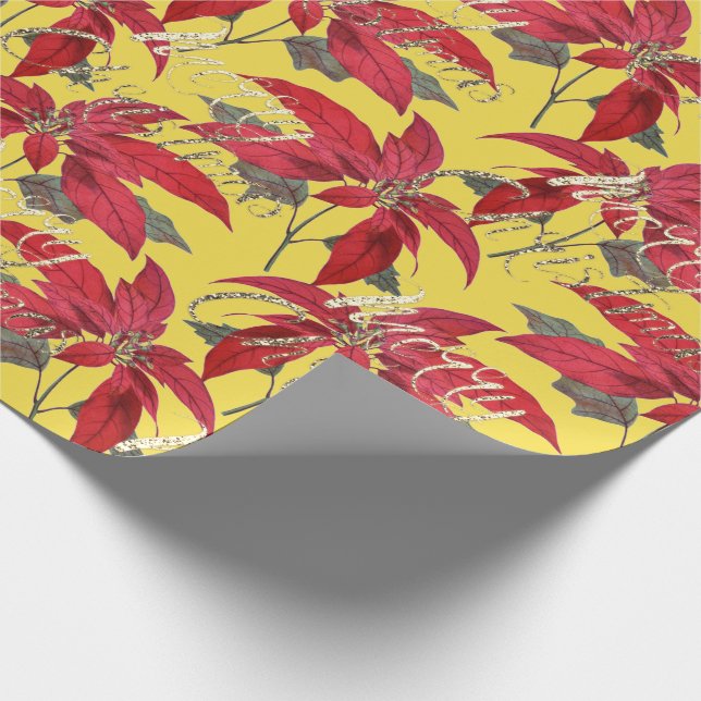 Merry Christmas Gold Glitter Script Floral Yellow Wrapping Paper (Corner)