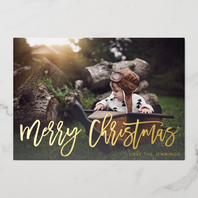 Merry Christmas Gold Glitter Script Photo Fade Foil Invitation (Front)