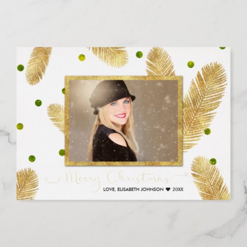 Merry Christmas Gold Glitter Script Photo Foil Holiday Card
