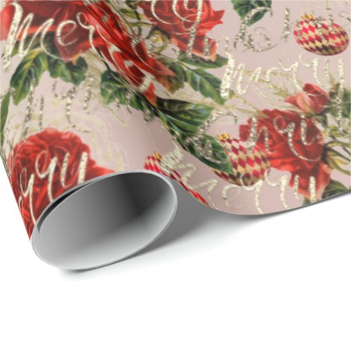 Merry Christmas Gold Glitter Script Roses Baubles Wrapping Paper