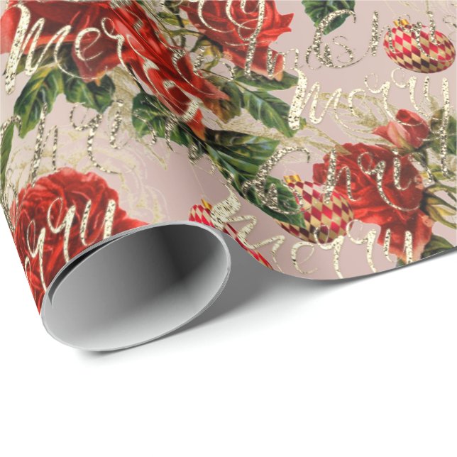 Merry Christmas Gold Glitter Script Roses Baubles Wrapping Paper (Roll Corner)