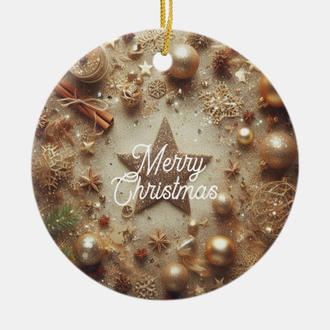 Merry Christmas Gold Glitter Star Ceramic Ornament (Front)