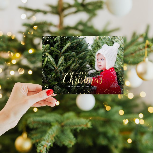 Merry Christmas | Gold Glitz Photo Overlay Foil Holiday Card (Creator Uploaded)