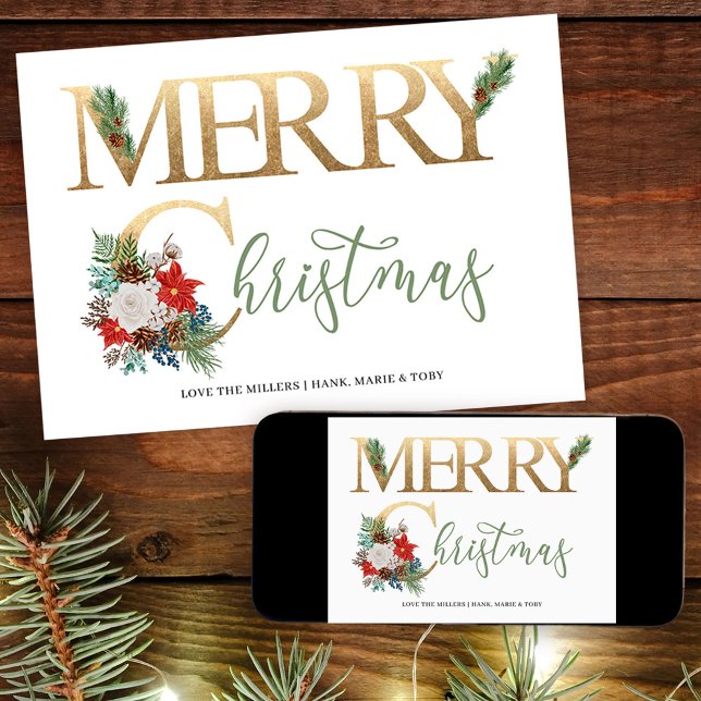 Merry Christmas Gold Green Poinsettia and Pine Holiday Card (Merry Christmas Card. Buy professionally printed or as a printable digital download.)