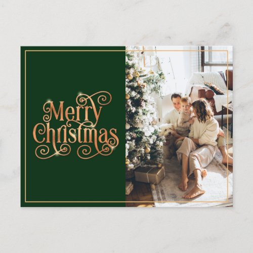 Merry Christmas Gold Green Shiny Swirl Classic Holiday Postcard