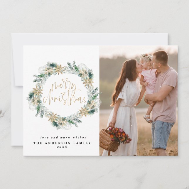 Merry Christmas Gold Greenery Wreath Greeting Note Card (Front)