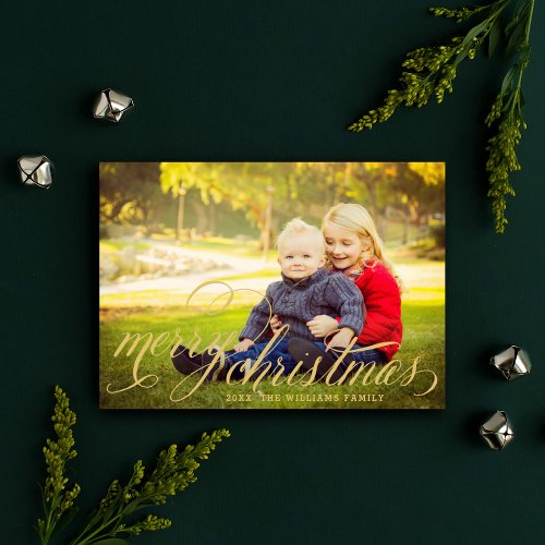 Merry Christmas Gold Handwritten Script Photo Holiday Card