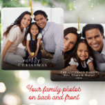 Merry Christmas Gold Heart Modern Script Photo Ceramic Ornament<br><div class="desc">Minimalist family photo holiday ornament in a modern script typography design reading Merry Christmas under a printed golden heart with your favorite photo. Bring joy to your loved ones with this cute, simple, trendy family keepsake Christmas gift. The back features printed your custom names, year, or message and another photo....</div>