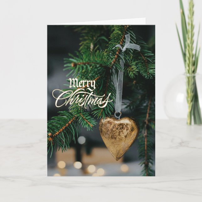 Merry Christmas Gold Heart Tree Ornament Card (Front)