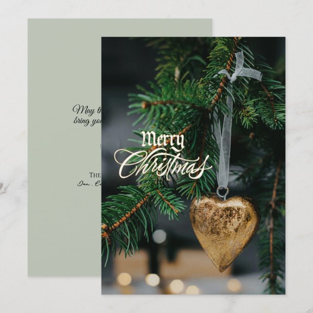 Merry Christmas Gold Heart Tree Ornament Holiday Card (Front/Back)