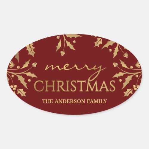 Merry Christmas Gold Holiday Holly Faux Foil Oval Sticker