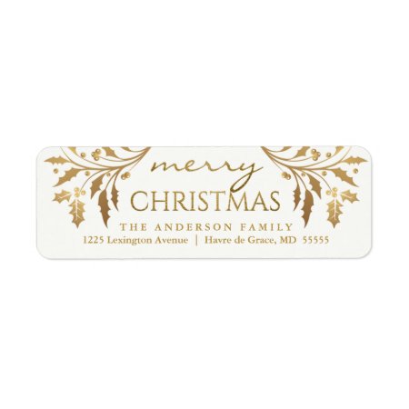 Merry Christmas Gold Holiday Holly Return Address Label
