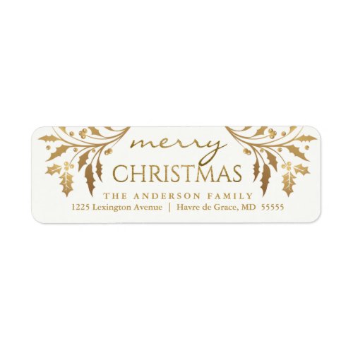 Merry Christmas Gold Holiday Holly Return Address Label