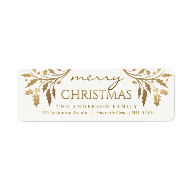 Merry Christmas Gold Holiday Holly Return Address Label (Front)