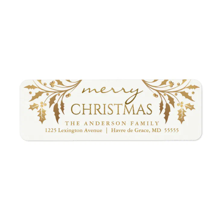 Merry Christmas Gold Holiday Holly Return Address Label | Zazzle