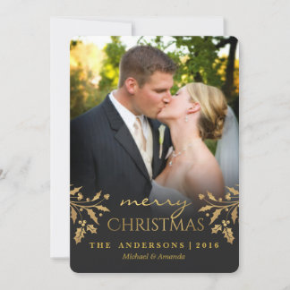 Merry Christmas Gold Holly Holiday Photo Card