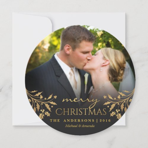 Merry Christmas Gold Holly Round Photo Card