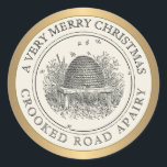 Merry Christmas Gold & Ivory Apiary Label<br><div class="desc">Vintage skep illustration with a few errant honey bees that have meandered to the edge of the sticker. Metallic Gold Border.</div>