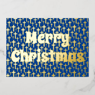 Merry Christmas gold Jesus cross elegant navy blue Foil Holiday Card