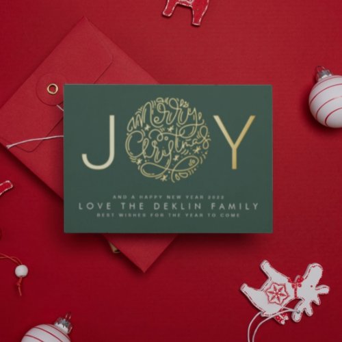 Merry Christmas Gold JOY photo back Green Leaf Foil Holiday Card
