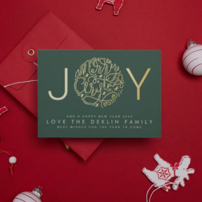 Merry Christmas Gold JOY photo back Green Leaf Foil Holiday Card (Creator Uploaded)