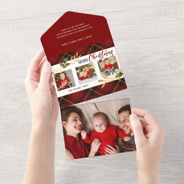 Merry Christmas Gold Leaves 3-Photo Red Tartan  All In One Invitation (Tearaway)