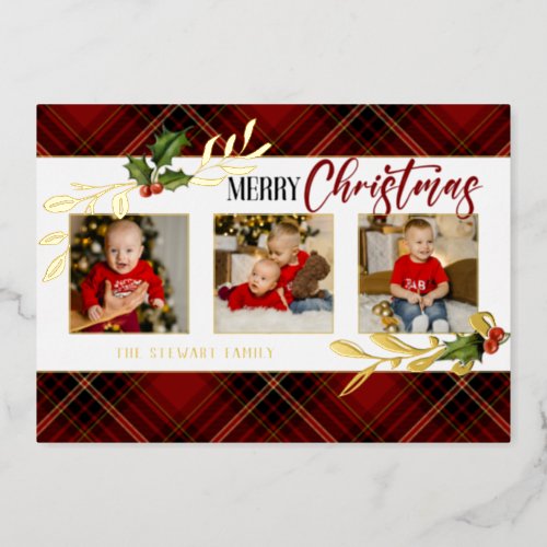Merry Christmas Gold Leaves 3_Photo Red Tartan  Foil Holiday Card