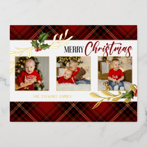 Merry Christmas Gold Leaves 3_Photo Red Tartan  Foil Holiday Postcard