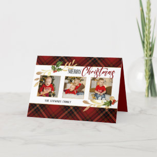 Merry Christmas Gold Leaves 3-Photo Red Tartan Holiday Card