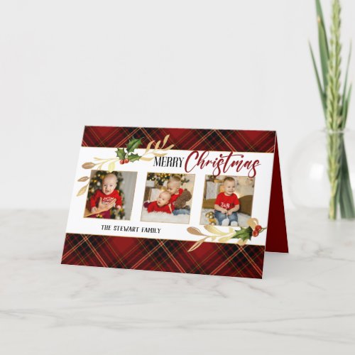 Merry Christmas Gold Leaves 3_Photo Red Tartan  Holiday Card
