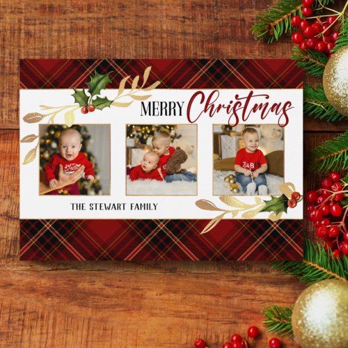 Merry Christmas Gold Leaves 3_Photo Red Tartan  Holiday Card