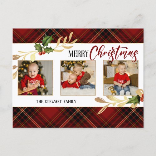 Merry Christmas Gold Leaves 3_Photo Red Tartan  Holiday Postcard