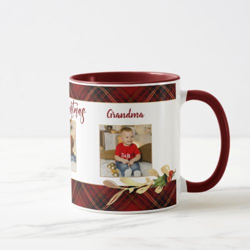 Merry Christmas Gold Leaves 3_Photo Red Tartan  Mug