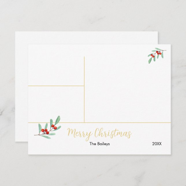 Merry Christmas Gold Mistletoe 3 Photo Collage Holiday Card (Front/Back)
