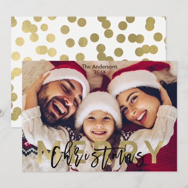 MERRY CHRISTMAS Gold Modern Photo Picture Holiday  Card (Front/Back)